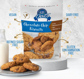 GF Oats wholesale biscuits range including ANZAC Biscuits and Chocolate Chip Biscuits in retail pack