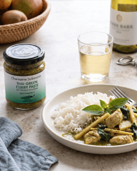 Charmaine Solomon curry pastes, marinades and spice blends displayed in a retail store, with distrib
