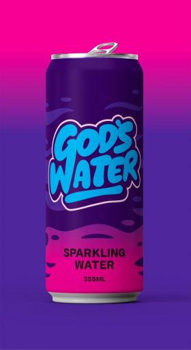 God’s Water logo in bold pink lettering with a cream outline on a dark blue background with wave-lik