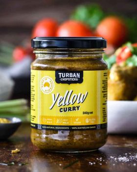 Turban Chopsticks Australian-made curry pastes and sauces displayed in glass jars, including Thai Gr