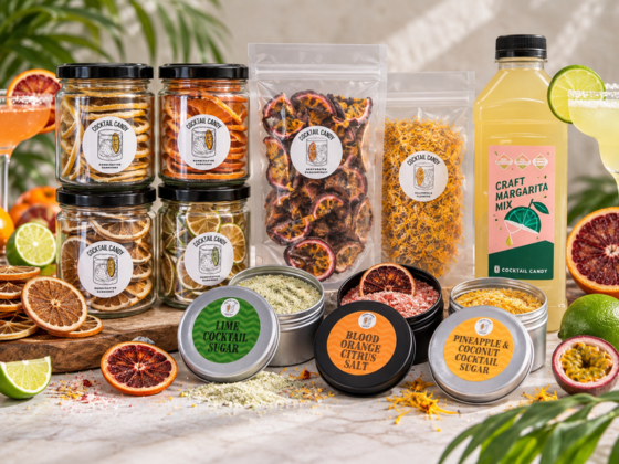 Cocktail Candy range of dehydrated fruit garnishes, cocktail salts and sugars, edible flowers and Cr