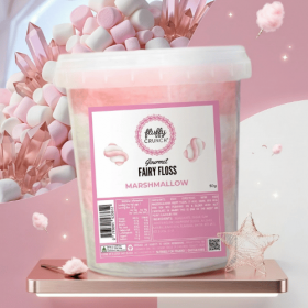 Fluffy Crunch gourmet fairy floss branding over pink and white fairy floss background