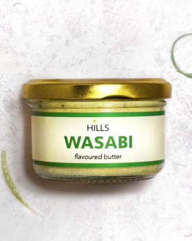 Four Hills Butter flavoured butter varieties in glass jars, including Gochujang, Ceylon, Wasabi and
