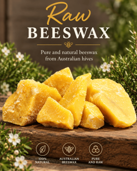 Assorted sizes of AB’s raw Australian honey in plastic tubs with yellow and white lids displayed on