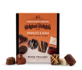 Luxury gift box of assorted Belgian Delights chocolates presented in a gold-trimmed box with ribbon
