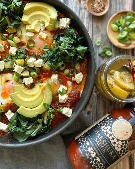 Award-winning Zee's Love In A Jar Shakshuka Sauce served with baked eggs, showcasing Australian-made