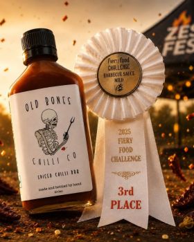Three Old Bones Chilli Co hot sauce bottles, Smoked Garlic Chilli Sauce, Jalapeño & Garlic Pepper Sa