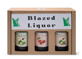 Blazed Liquor small-batch cherry and green walnut liqueurs in 50ml, 200ml and 500ml bottles displaye
