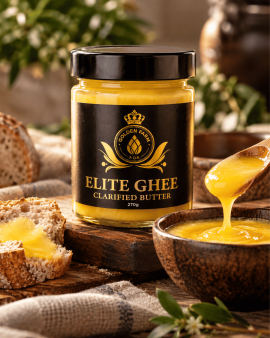 Golden Farm Australia wholesale ghee range showing retail jars and bulk foodservice tubs of Australi