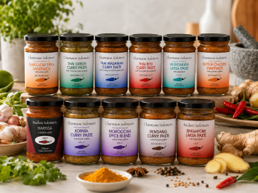 Charmaine Solomon’s Australian-made curry pastes, marinades and spice blends in 250g glass jars, inc