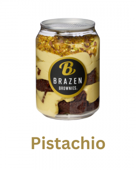 Brazen Brownies Brownie-Misu layered dessert in jar with chocolate brownie pieces and coffee cream,