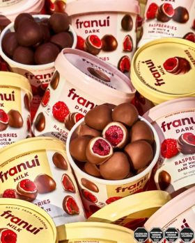 Franui frozen raspberry coated in chocolate and white chocolate layers, premium wholesale chocolate