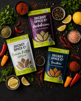 Secret Spice Co certified organic spice blends and seasonings in reusable glass jars and refill pouc