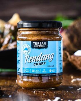 Turban Chopsticks Australian-made curry pastes and sauces displayed in glass jars, including Thai Gr