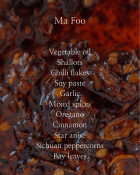 chilli oil being poured into glass jar filled with chilli flakes, Foo Chilli Company small-batch gou