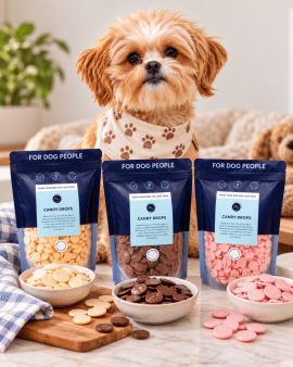 K9 Katering wholesale dog treats displayed in branded retail packs and jars at a butcher shop, with
