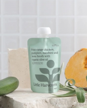 Little Harvesters baby food puree pouches with grass-fed beef, chicken, chickpea and vegetable blend