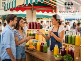 Logo with a market stall illustration and cursor arrow, accompanied by the text ‘Book A Market – The