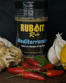 Rub It BBQ Lazy Lamb seasoning jar with grilled lamb chop, fresh parsley, garlic, onion and herbs di