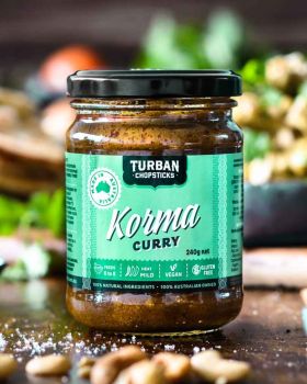 Turban Chopsticks Australian-made curry pastes and sauces displayed in glass jars, including Thai Gr