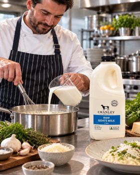 Cranley Dairy Co. raw goat milk and freeze-dried goat milk products displayed with a dairy goat in a