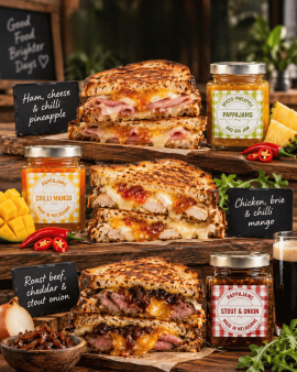 PappaJams Raspberry & Rhubarb, Chilli Mango and Spiced Pineapple and Gin Jam jars displayed with ras