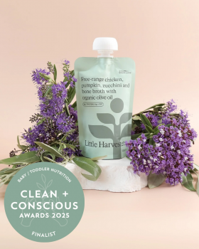 Little Harvesters baby food puree pouches with grass-fed beef, chicken, chickpea and vegetable blend