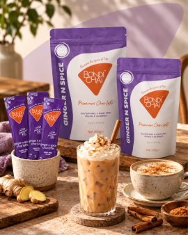 Bondi Chai gift hamper featuring Cinnamon, Vanilla Honey and Ginger N Spice chai latte powders, asso