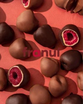 Franui frozen raspberry coated in chocolate and white chocolate layers, premium wholesale chocolate