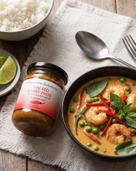 Charmaine Solomon curry pastes, marinades and spice blends displayed in a retail store, with distrib