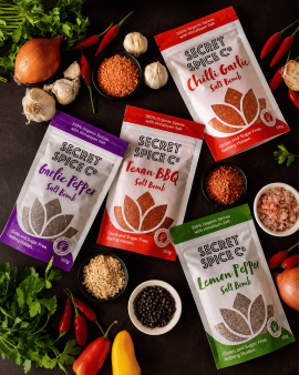 Secret Spice Co certified organic spice blends and seasonings in reusable glass jars and refill pouc
