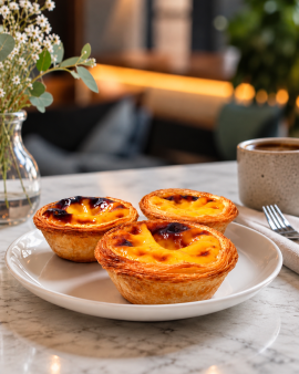 Portuguese custard tarts with golden flaky pastry and caramelised tops, served with cinnamon sticks,