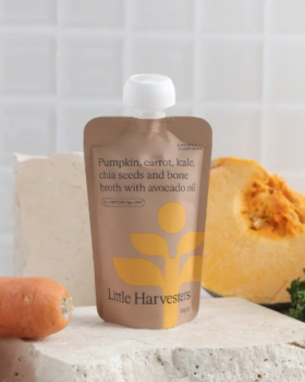 Little Harvesters baby food puree pouches with grass-fed beef, chicken, chickpea and vegetable blend