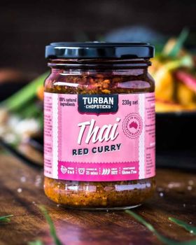 Turban Chopsticks Australian-made curry pastes and sauces displayed in glass jars, including Thai Gr