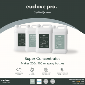 Euclove natural cleaning products range including spray bottles and 5L floor cleaner concentrate dis