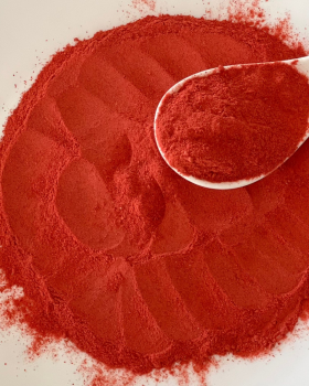 Indus Farms superfood powders with vibrant yellow and red fruit powders surrounded by mango slices a