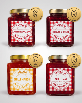 PappaJams Raspberry & Rhubarb, Chilli Mango and Spiced Pineapple and Gin Jam jars displayed with ras