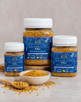 Assorted sizes of AB’s raw Australian honey in plastic tubs with yellow and white lids displayed on