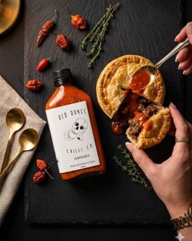 Three Old Bones Chilli Co hot sauce bottles, Smoked Garlic Chilli Sauce, Jalapeño & Garlic Pepper Sa