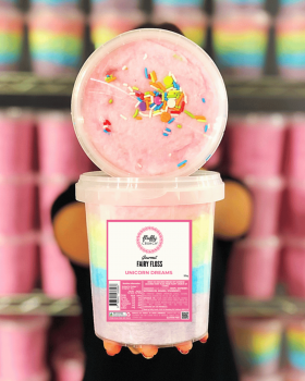 Fluffy Crunch gourmet fairy floss branding over pink and white fairy floss background