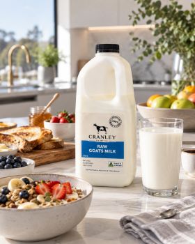 Cranley Dairy Co. raw goat milk and freeze-dried goat milk products displayed with a dairy goat in a