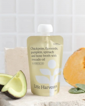 Little Harvesters baby food puree pouches with grass-fed beef, chicken, chickpea and vegetable blend