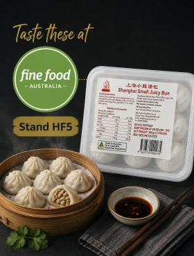 Plate of ABC Pastry Shanghai-style frozen dumplings served with dipping sauce, showcasing authentic