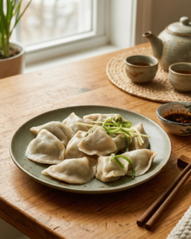 Plate of ABC Pastry Shanghai-style frozen dumplings served with dipping sauce, showcasing authentic