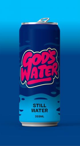 God’s Water logo in bold pink lettering with a cream outline on a dark blue background with wave-lik