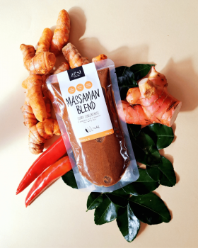 Zest Byron Bay spice pastes and curry blends displayed on a pink background with the brand logo.