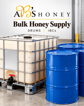 Assorted sizes of AB’s raw Australian honey in plastic tubs with yellow and white lids displayed on