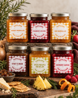 PappaJams Raspberry & Rhubarb, Chilli Mango and Spiced Pineapple and Gin Jam jars displayed with ras