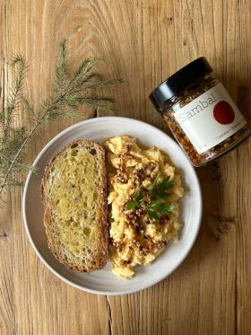 Campbell Condiments Vegan Sambal served with glazed salmon, showcasing artisan clean-label condiment