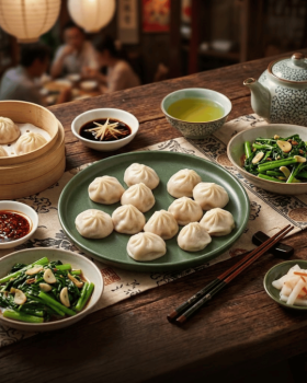 Plate of ABC Pastry Shanghai-style frozen dumplings served with dipping sauce, showcasing authentic